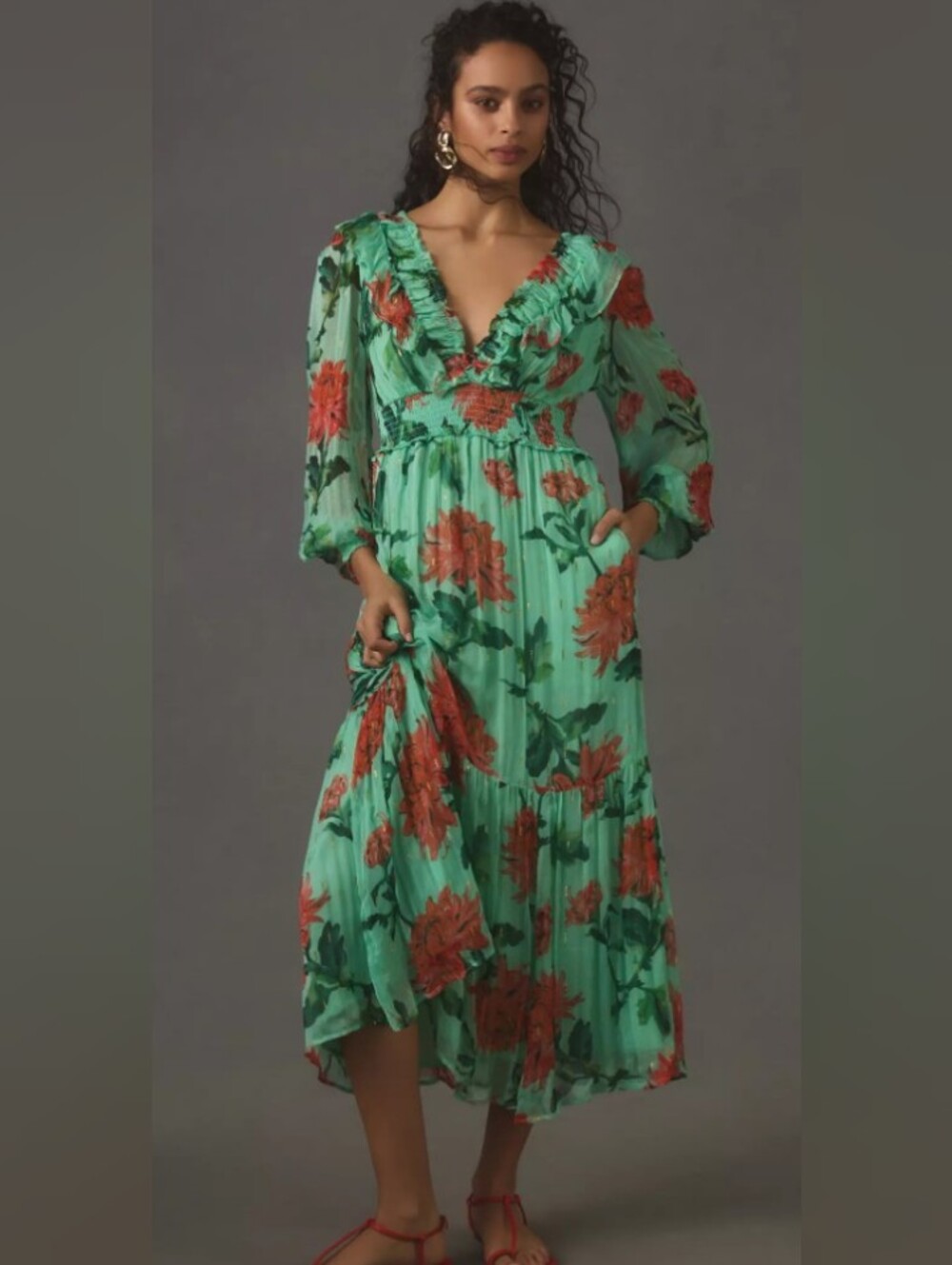 Anthropologie The Odetta Ruffle Mint Green Maxi Dress with Coral Floral Print